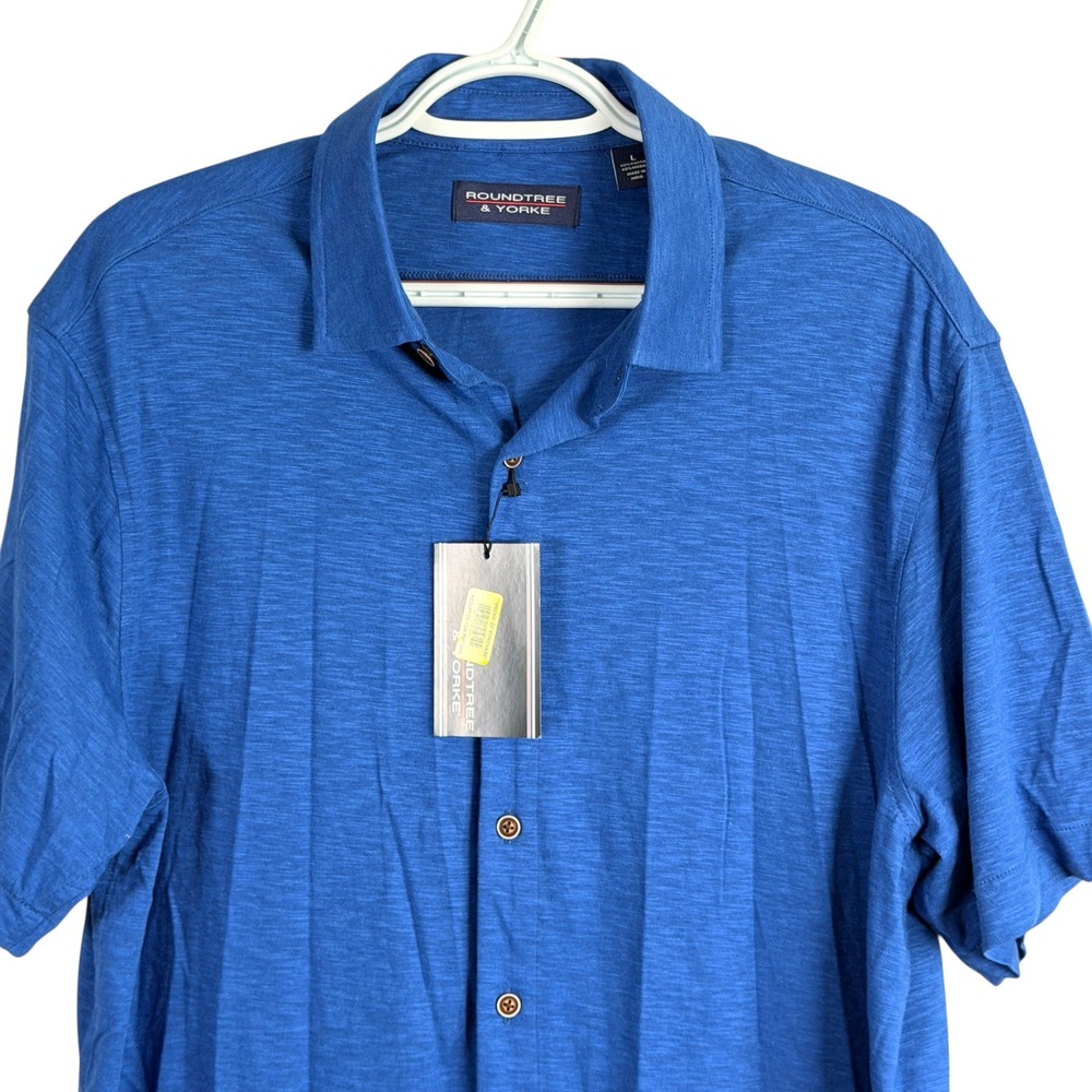 Roundtree & Yorke Button Down Shirt Mens L Blue Slub Knit Short Sleeve Cotton